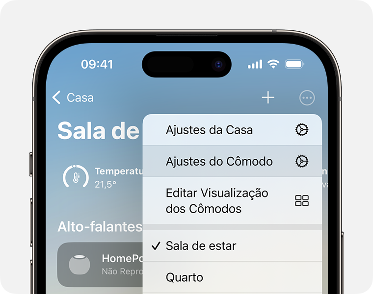 A opção "Ajustes do Cômodo" aparece abaixo de "Ajustes da Casa" depois de tocar ou clicar no botão Mais