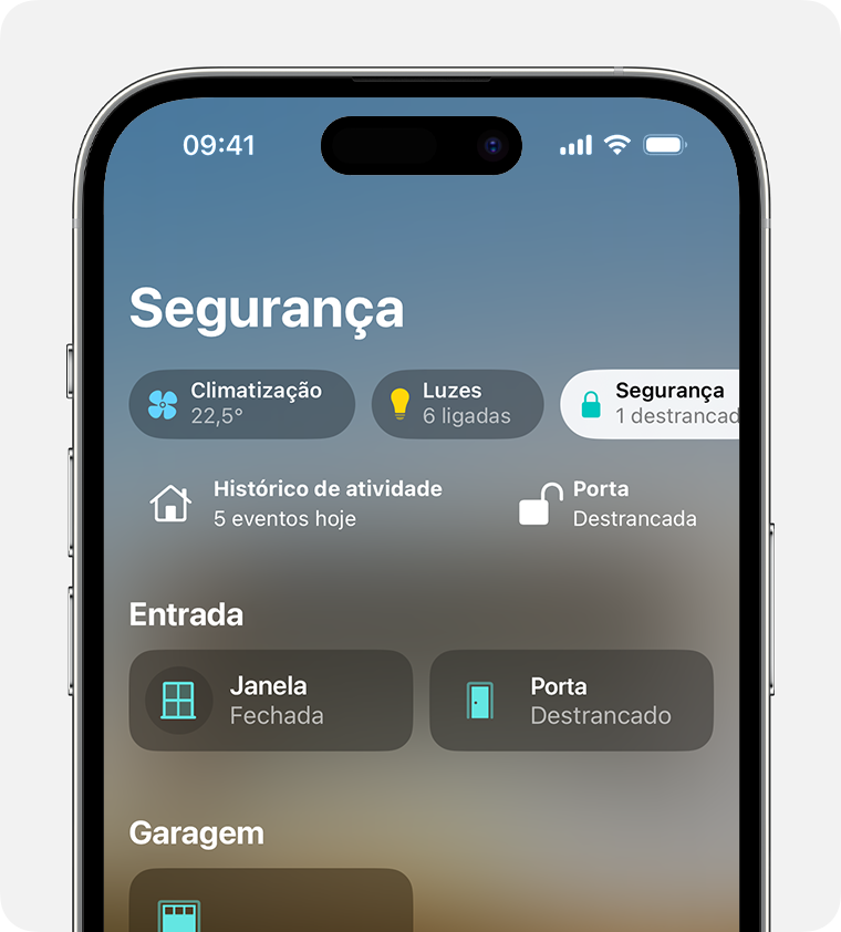 A categoria Segurança aparece na parte superior do ecrã principal na app Casa