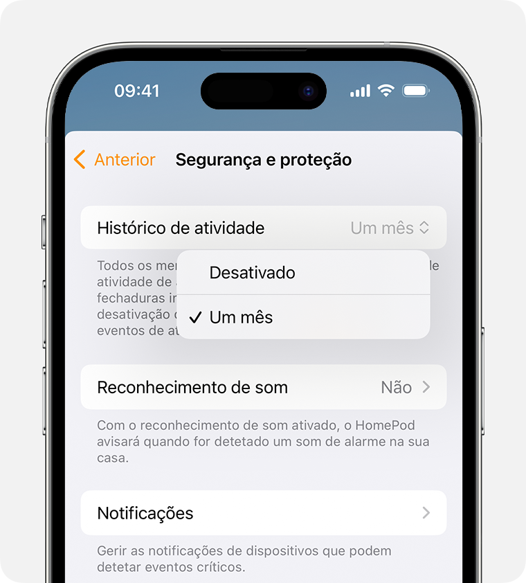 O Histórico de atividade é apresentado na parte superior do ecrã Segurança e proteção
