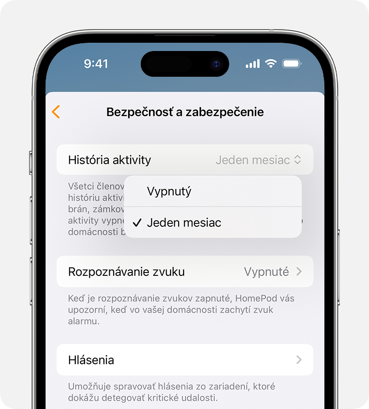 História aktivity zobrazená v hornej časti obrazovky Bezpečnosť a zabezpečenie