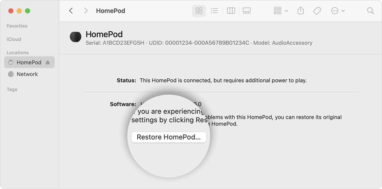 Opcija Obnovi HomePod na Mac računalu