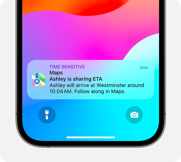 عند مشاركة الوقت المقدّر للوصول (ETA) من خلال تطبيق "الخرائط"، يتلقى الشخص الذي تقوم بالمشاركة معه هذا الإشعار.