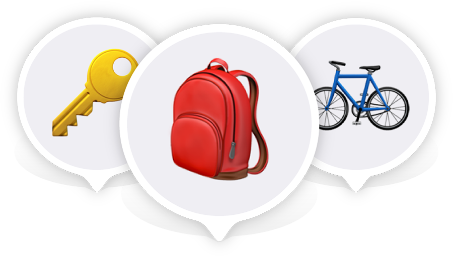 Ayrı konum iğnelerinin içinde görünen anahtar, sırt çantası ve bisiklet emojileri.