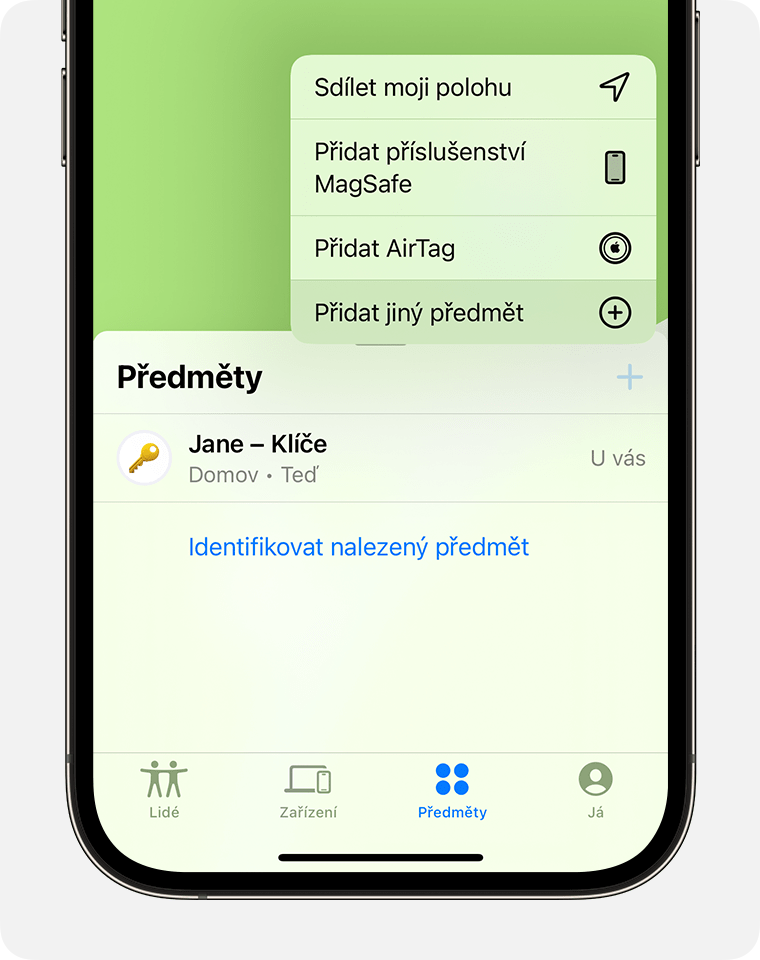 Klepnutí na položku Přidat další předmět v aplikaci Najít a přidání sledovacího zařízení sítě služby Najít od jiného výrobce.