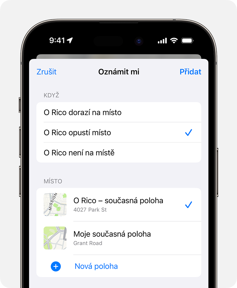 Vytvoření polohového oznámení o příteli na iPhonu