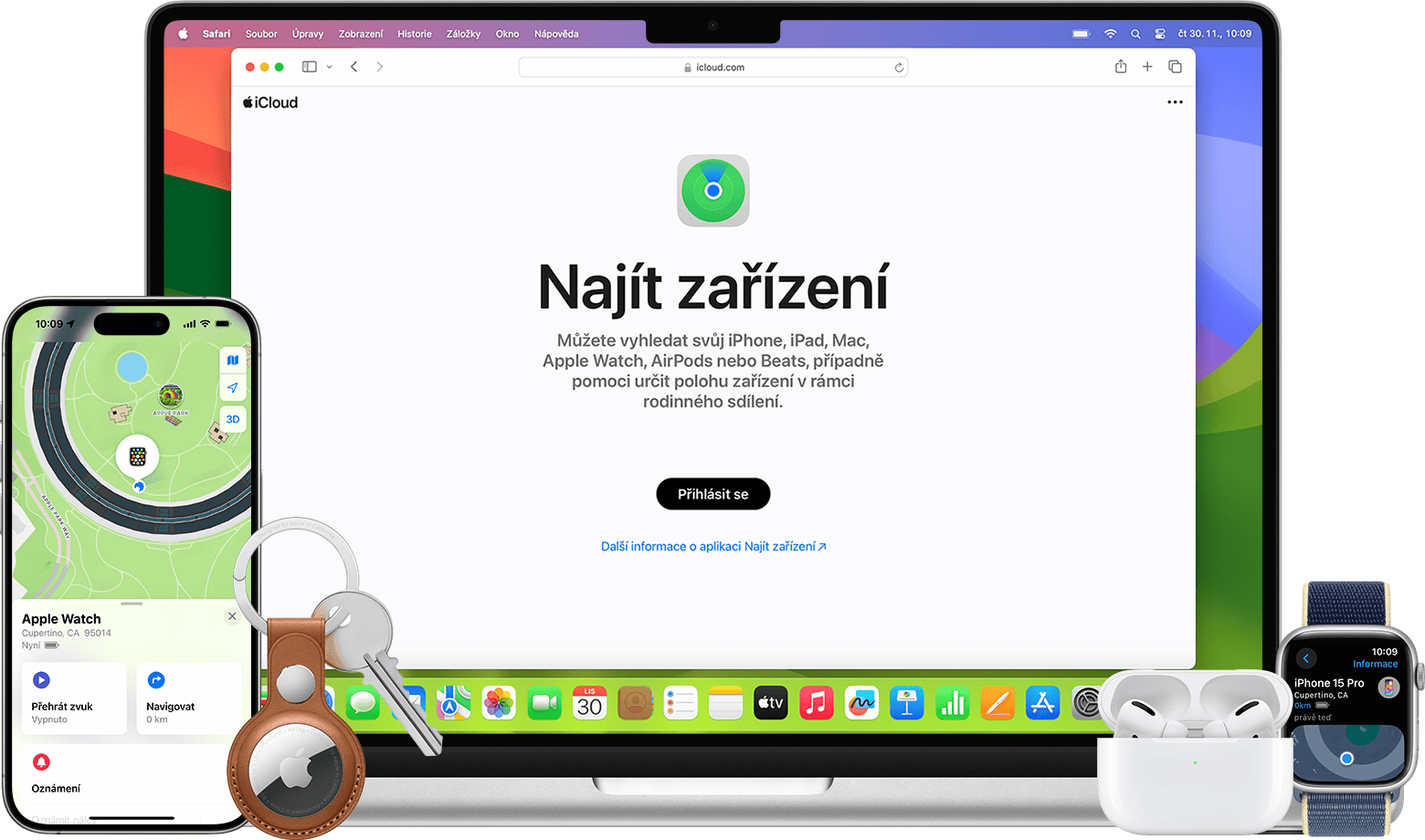 Nalezení AirTagu, iPhonu nebo jiného zařízení Apple v aplikaci Najít nebo na webu.