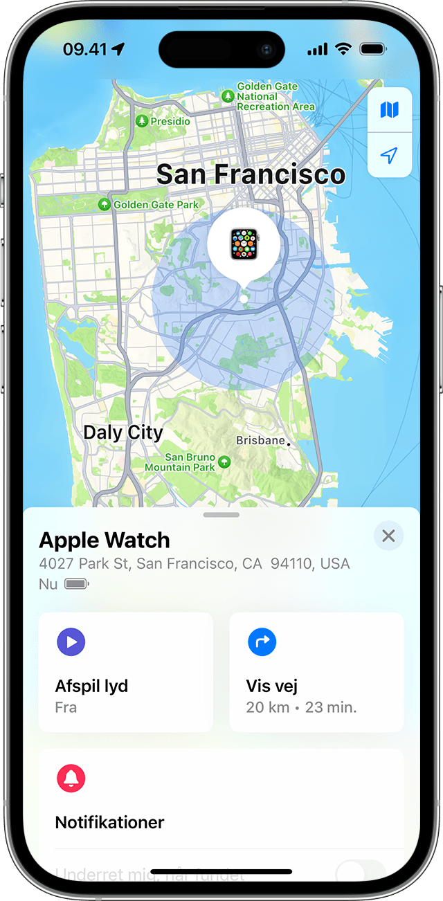 Find viser den omtrentlige placering for dit Apple Watch på et kort