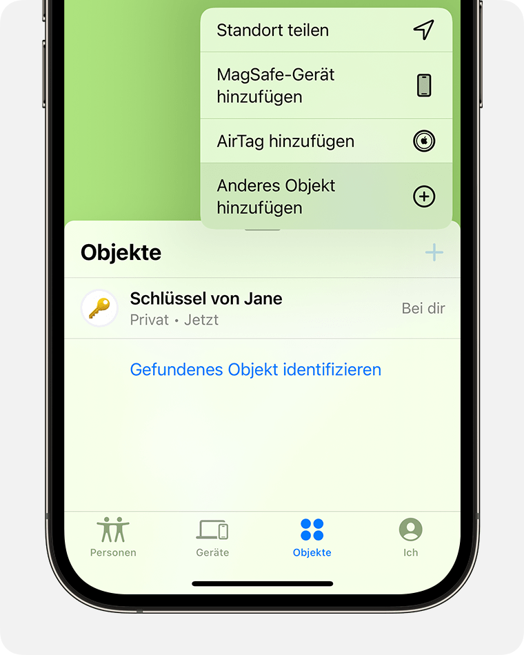 Tippe in „Wo ist?“ auf „Anderes Objekt hinzufügen“, um ein „Wo ist?“-Netzwerkzubehör eines Drittanbieters hinzuzufügen.