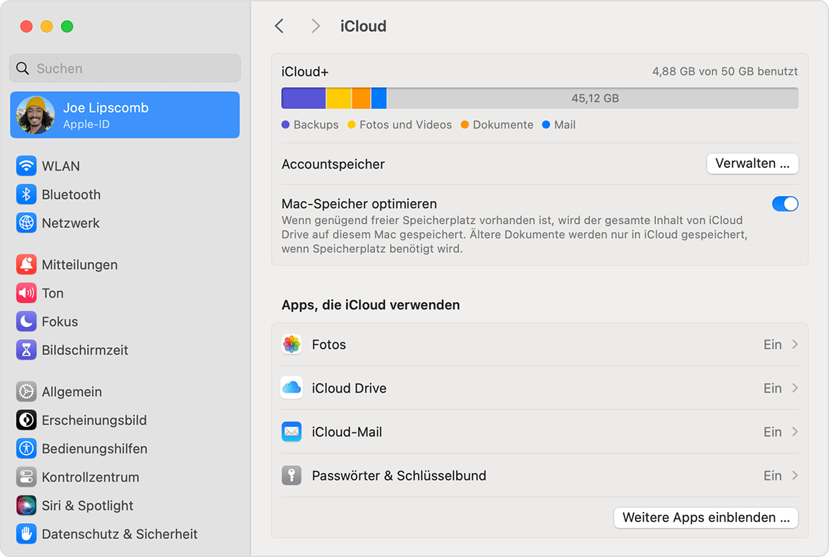 Die Verwalten-Taste befindet sich unter der Grafik, die anzeigt, wie viel iCloud-Speicher du belegt hast.