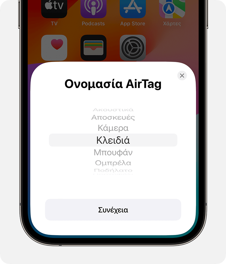 Επιλέξτε ένα όνομα από τη λίστα για το AirTag σας ή δημιουργήστε ένα προσαρμοσμένο όνομα.