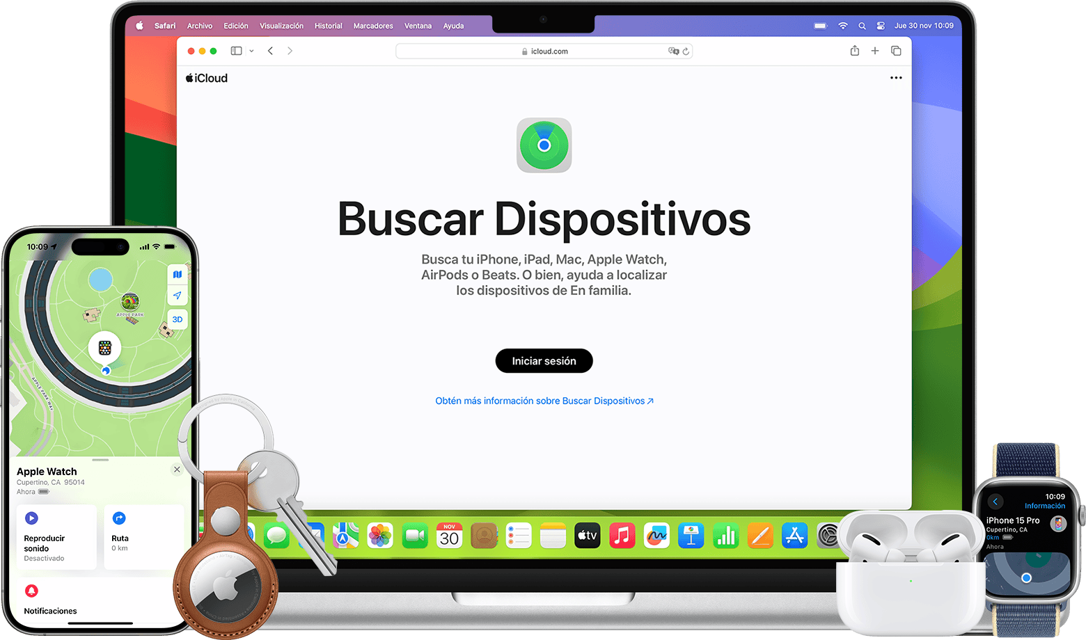 Encuentra un AirTag, un iPhone u otros dispositivos Apple en Buscar o en la web.