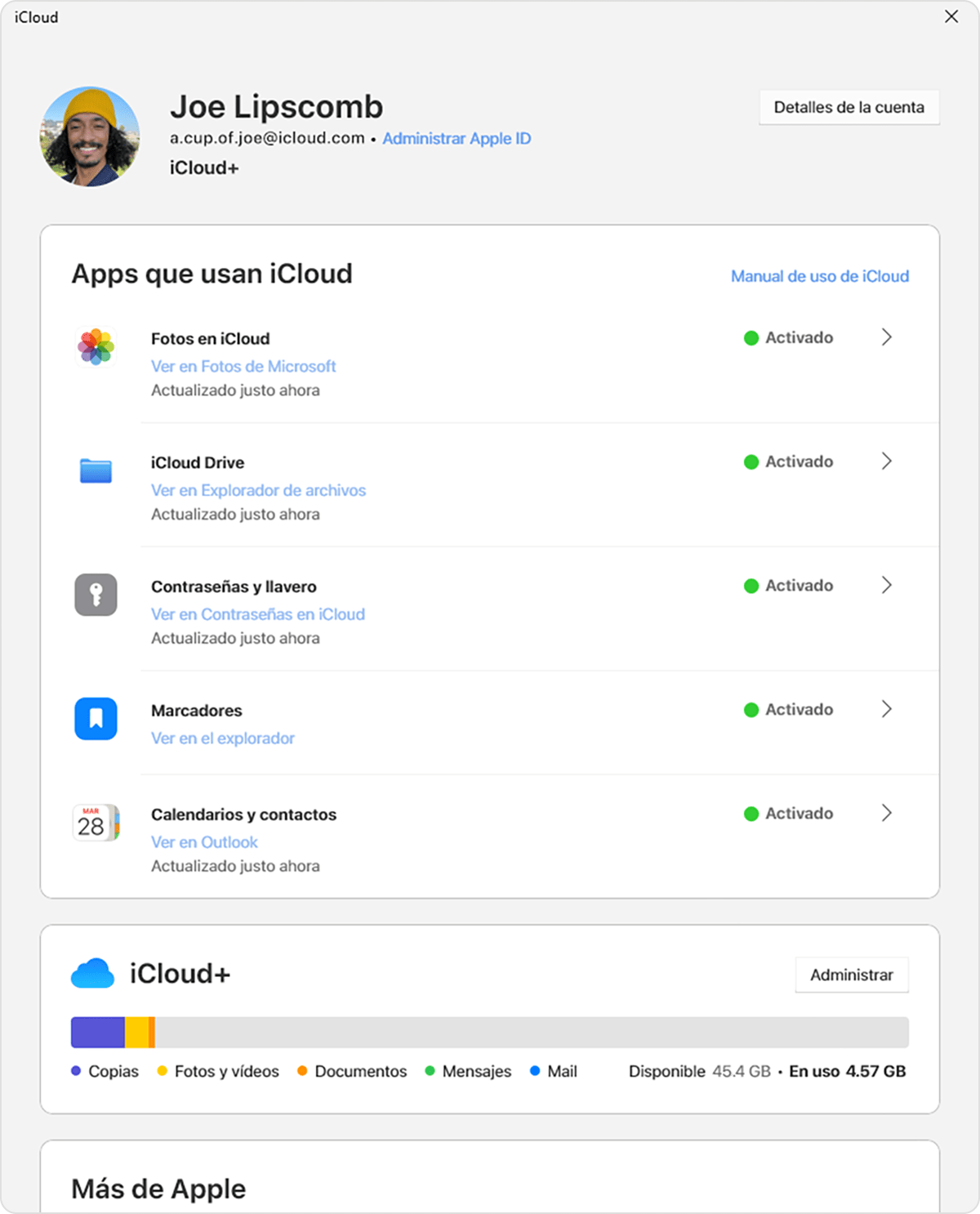 El botón Administrar está arriba del gráfico en el que se muestra la cantidad de almacenamiento de iCloud usado.