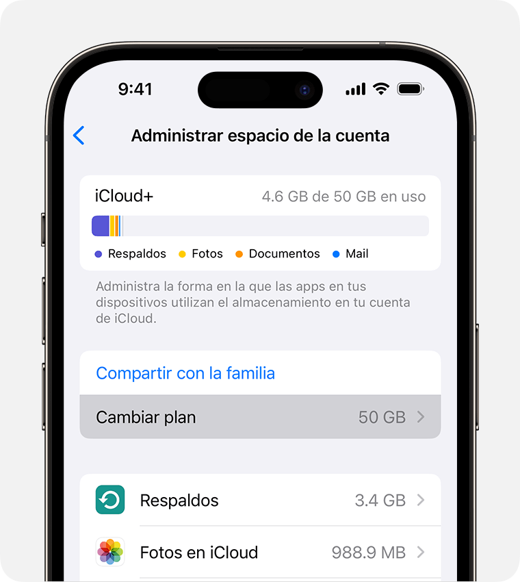 Cambiar plan se encuentra debajo del botón Compartir contenido con la familia.