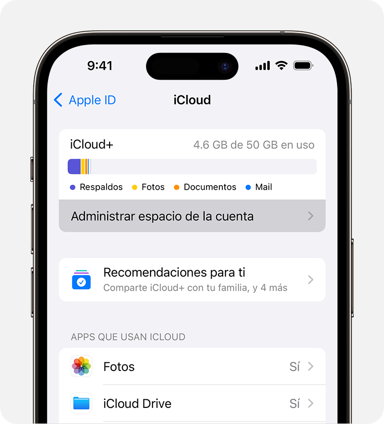 Administrar almacenamiento de la cuenta se encuentra en la parte superior de la configuración de iCloud.