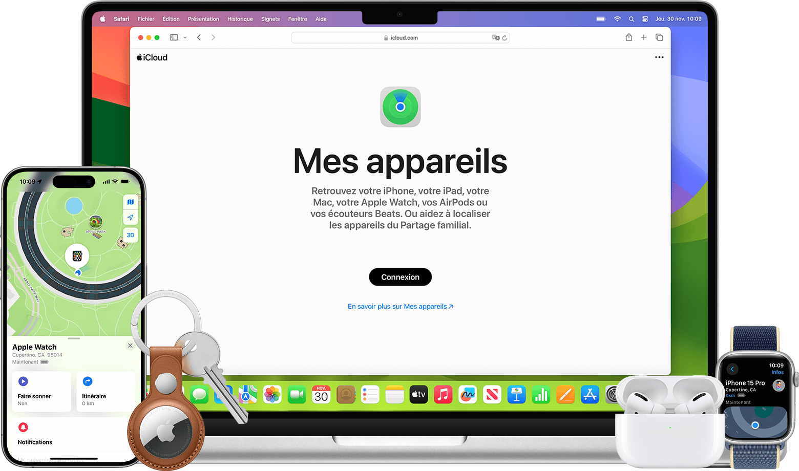 Trouvez un AirTag, un iPhone ou d’autres appareils Apple dans Localiser ou sur le Web.