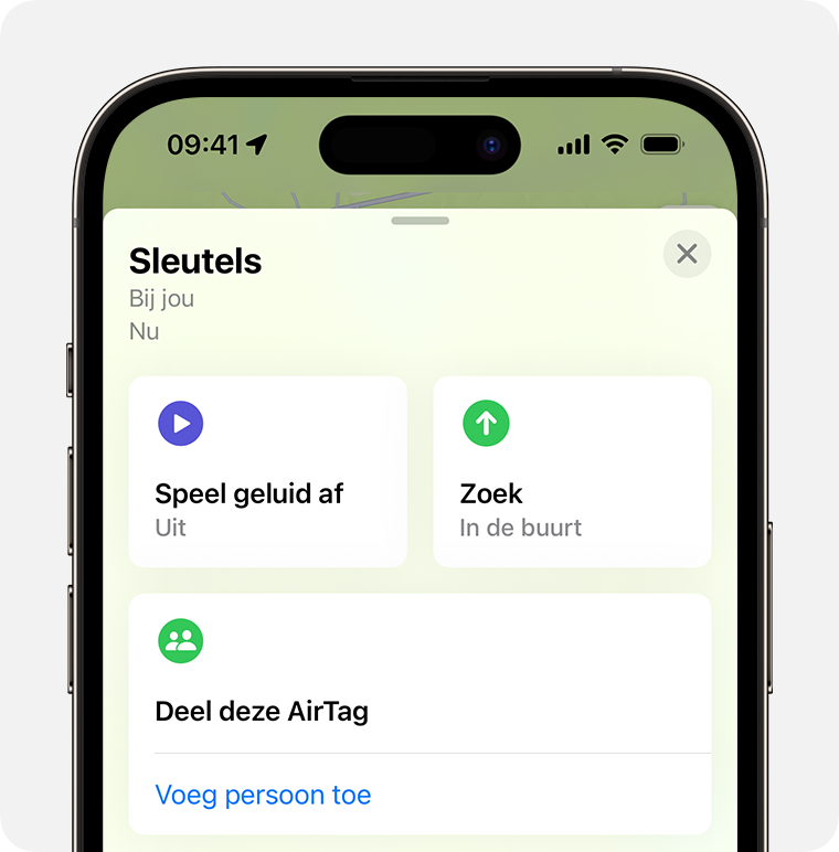 Zoek in de Zoek mijn-app op de iPhone een AirTag die aan je huissleutels of een ander persoonlijk object is bevestigd.