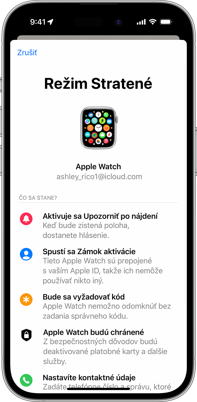 Na iPhone pre hodinky Apple Watch zapnite režim Stratené.