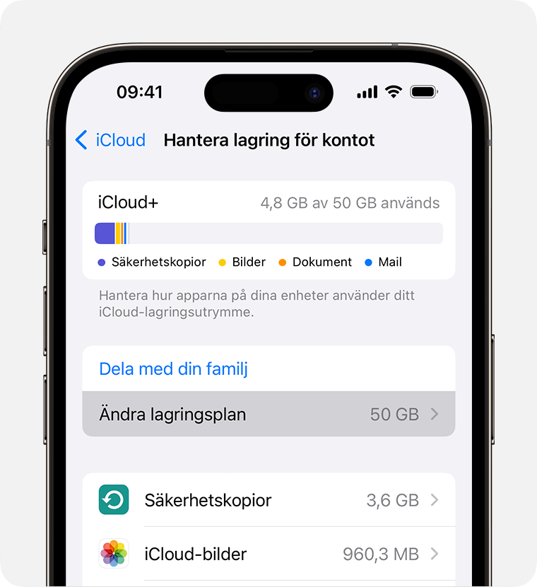 Ändra lagringsplan finns under knappen Dela med familjen.