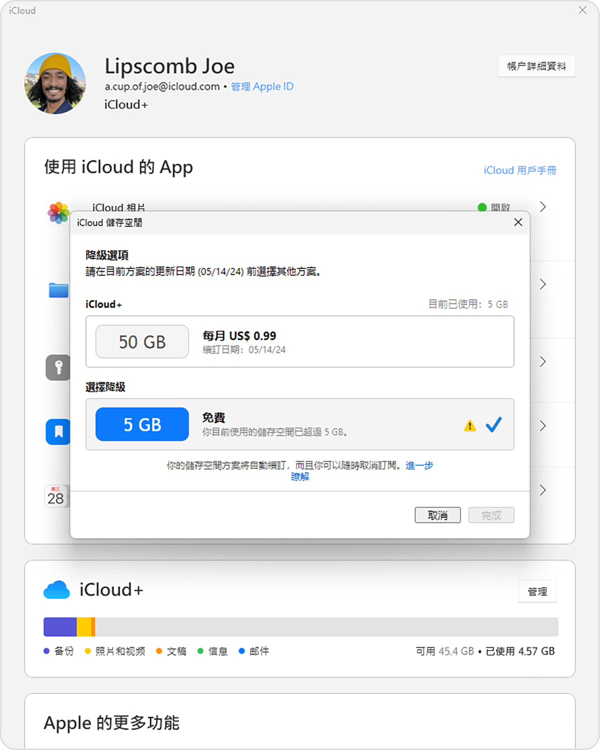 計劃選項位於「Choose Downgrade」(選擇降級) 部分。