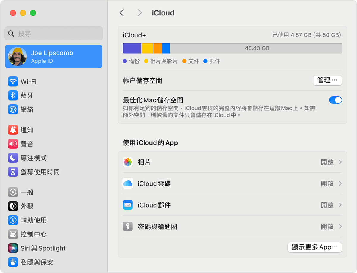 「管理」按鈕位於顯示已用 iCloud 儲存空間量的圖表下方。