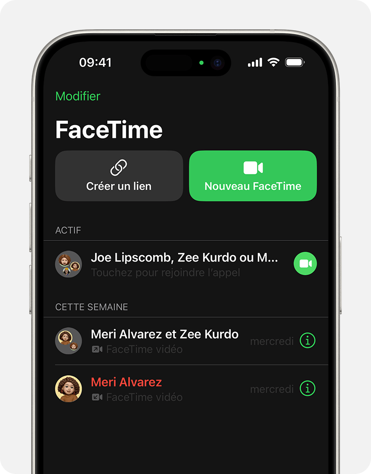 Un iPhone affichant l’app FaceTime. Le bouton FaceTime se trouve à droite de l’appel en cours, qui apparaît en premier.