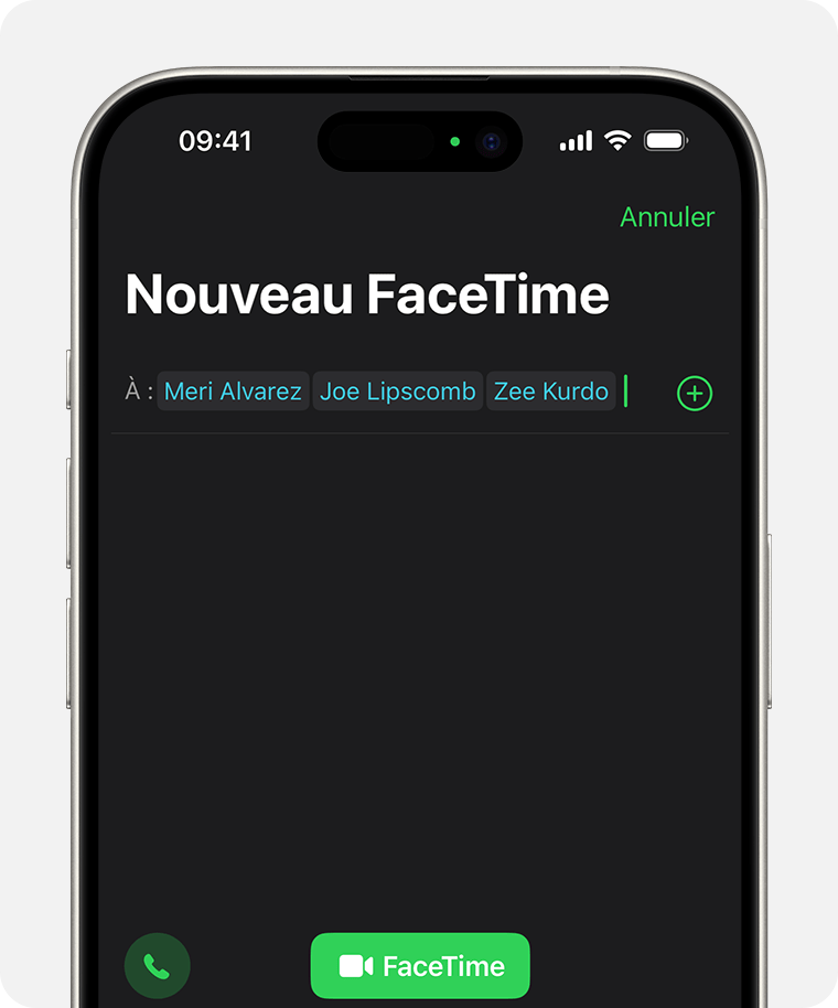 Un iPhone affichant l’écran pour choisir les participantes et participants à inviter à un appel FaceTime. Le bouton Audio ou FaceTime se trouve en bas de l’écran, au-dessus du clavier.