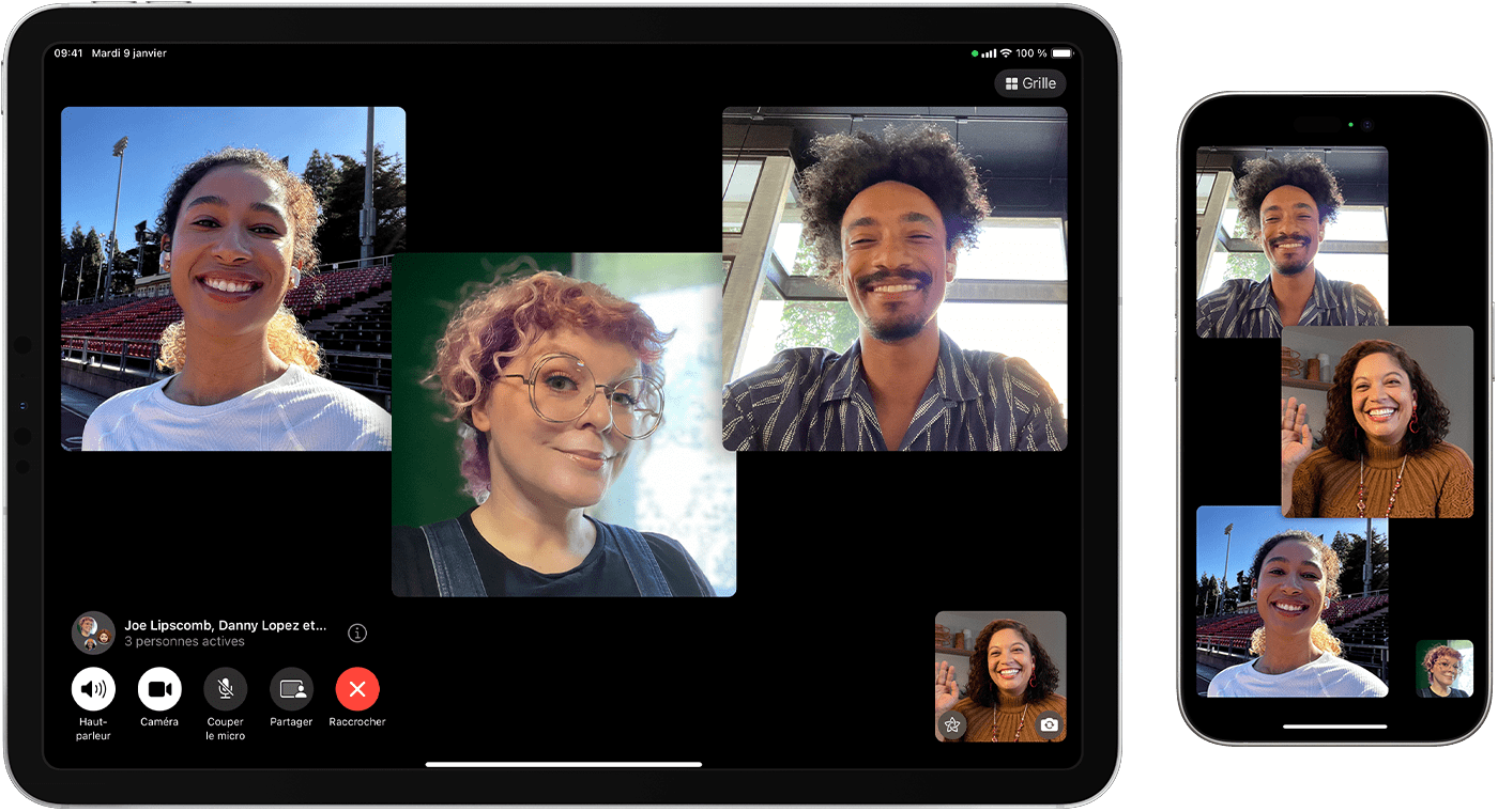 Un iPad et un iPhone affichant un appel FaceTime en groupe.