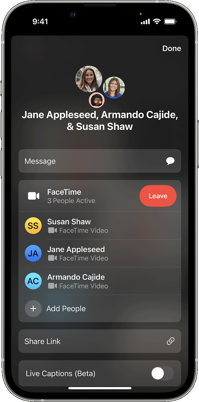 iPhone screen displaying the people attending the Group FaceTime call