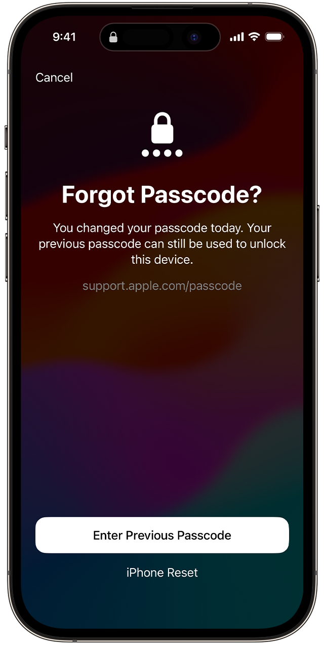 When you change your passcode in iOS 17 and later, you can use your old passcode temporarily to unlock your device.