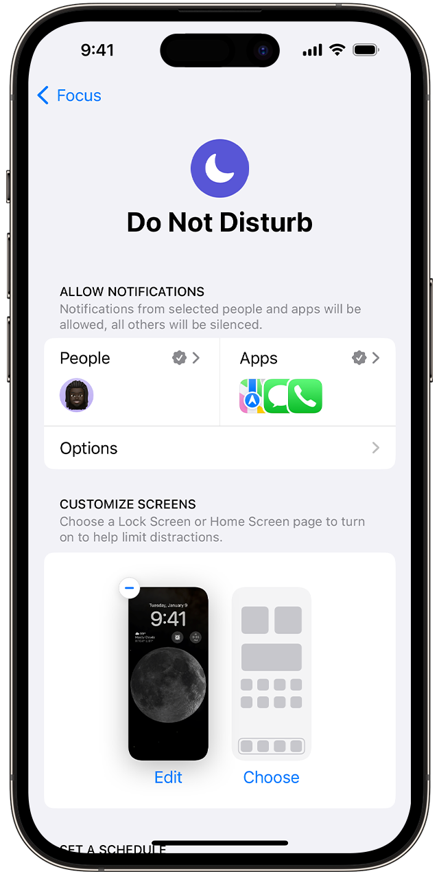 In the settings for Do Not Disturb, you can choose people or apps to receive notifications from when your Focus setting is turned on.