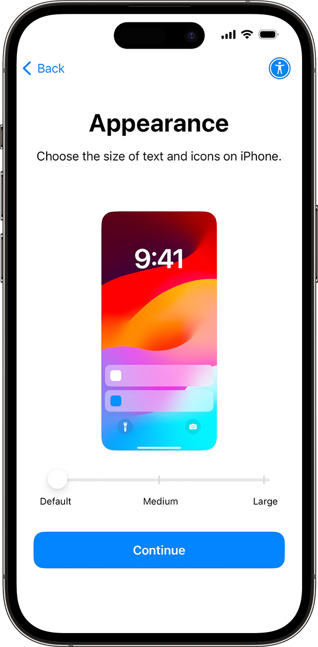 During the iPhone setup process on iOS 17, slide an icon to preview the different sizes, then choose your preferred text and app size.