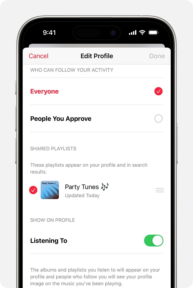 iPhone showing a playlist selected to show on a profile in the edit profile screen in the Apple Music app