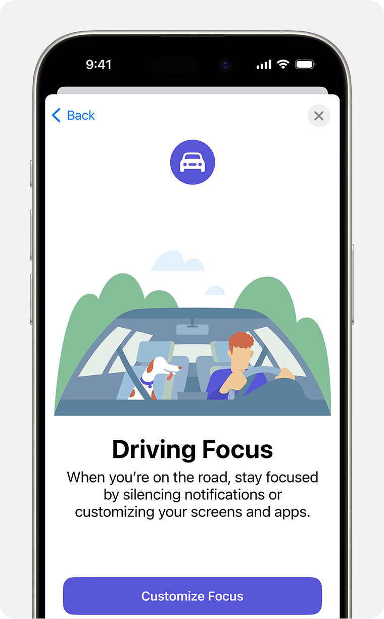 Initial Driving focus setup screen in Settings > Focus