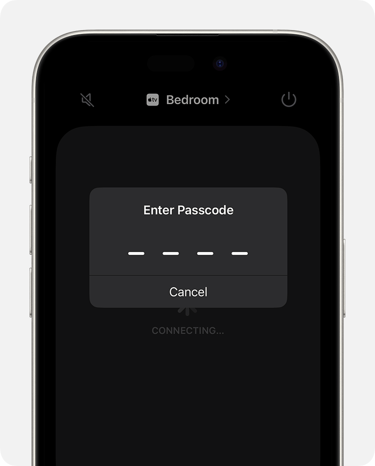 The Enter Passcode screen appears on the Apple TV Remote screen on iPhone