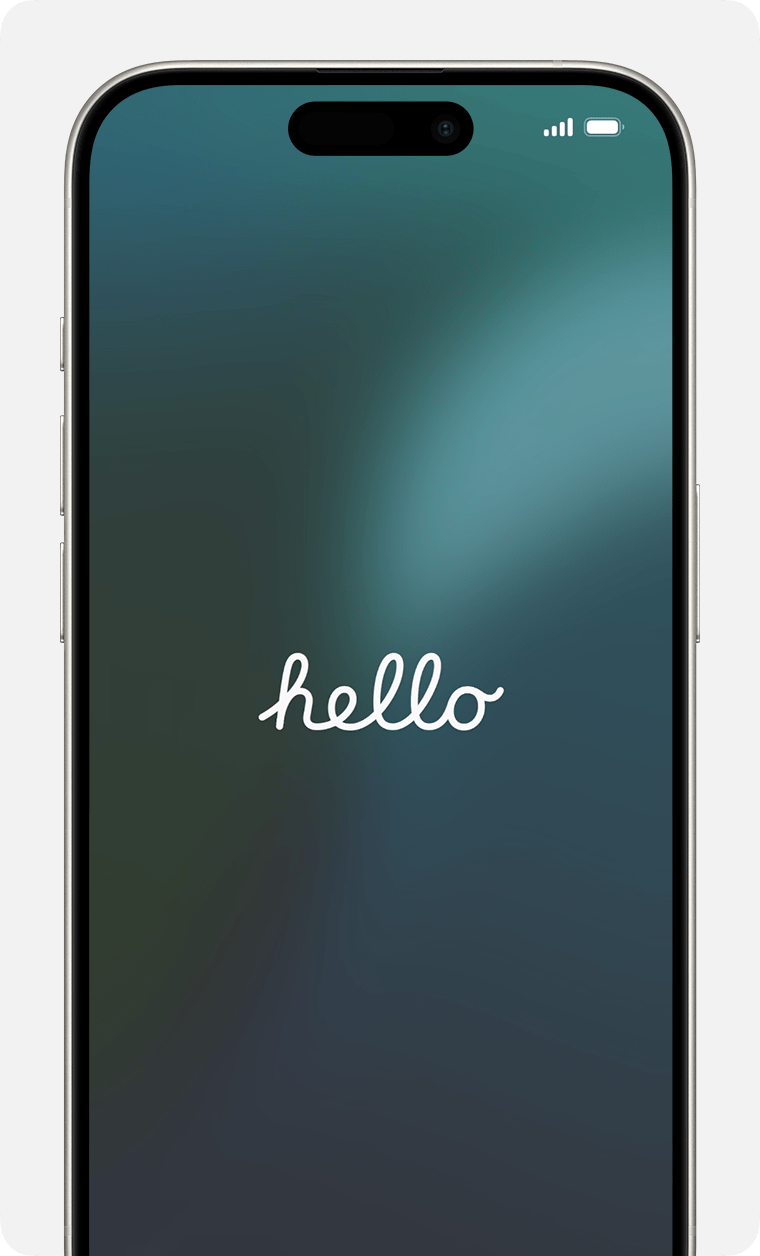 An iPhone showing the Hello screen in the Setup Assistant