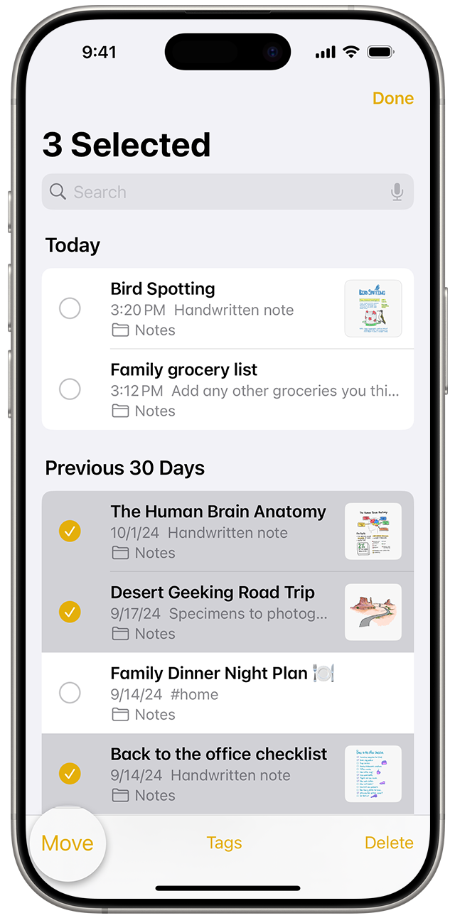 To move notes to different folders, go to your Notes list and tap the notes that you want to move.