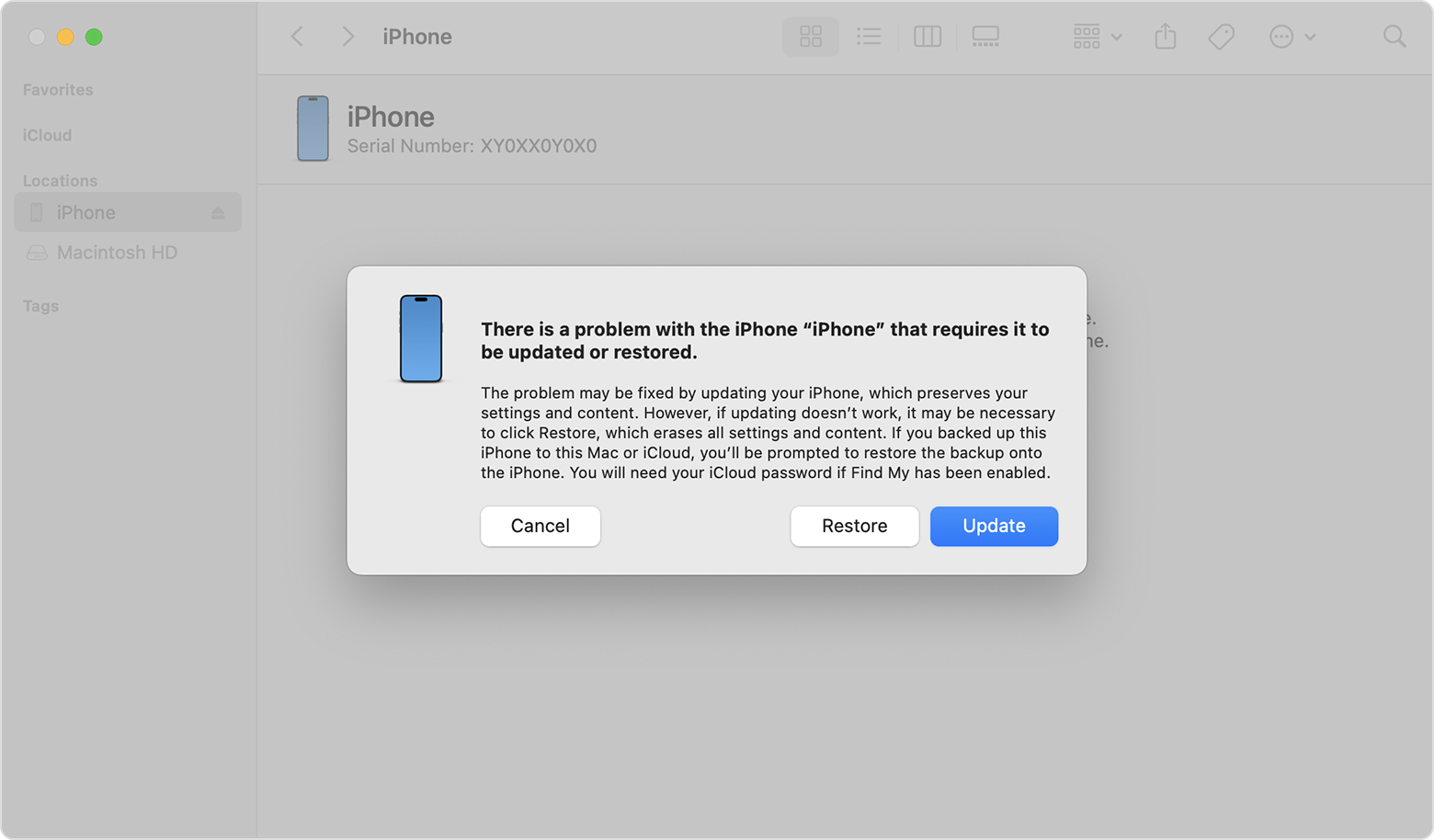 A Finder window showing options to restore or update your iPhone