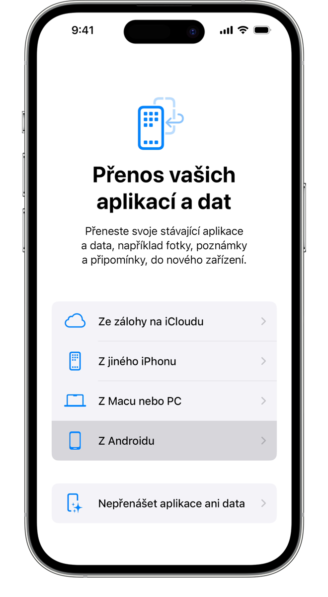 Během přenosu si můžete vybrat, které aplikace a informace chcete přenést.