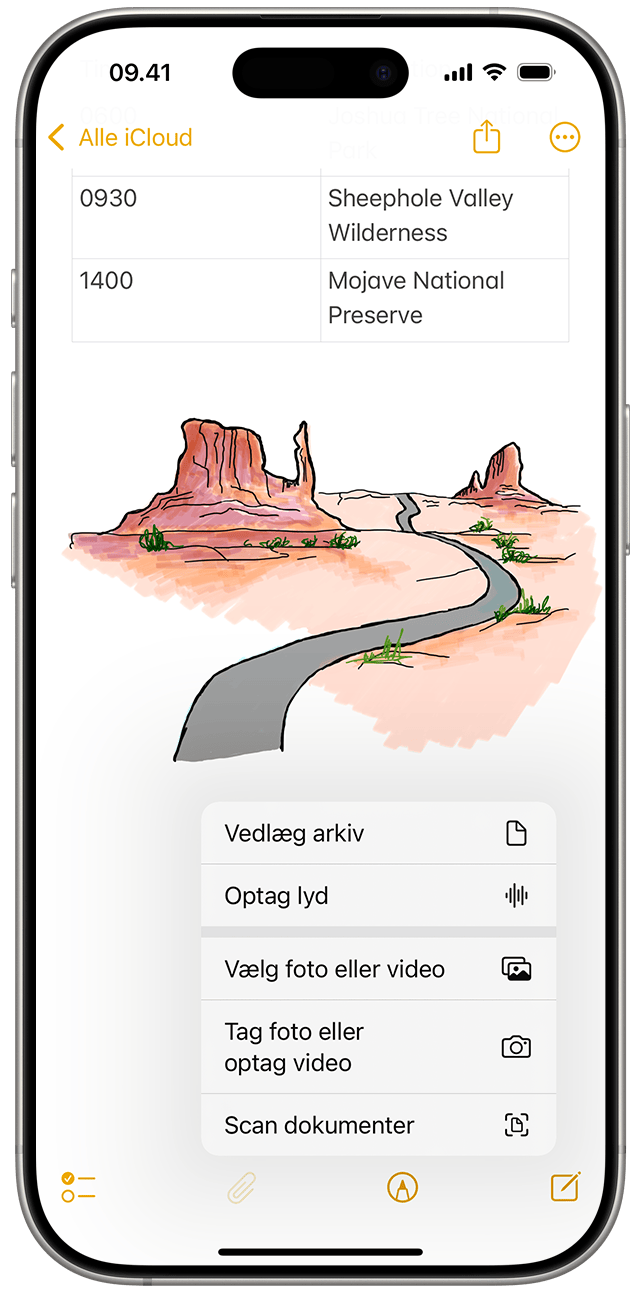 I iOS 18 skal du trykke på knappen Bilag, der ligner en papirclips, for at tilføje et billede eller en video eller scanne et dokument i din note. 