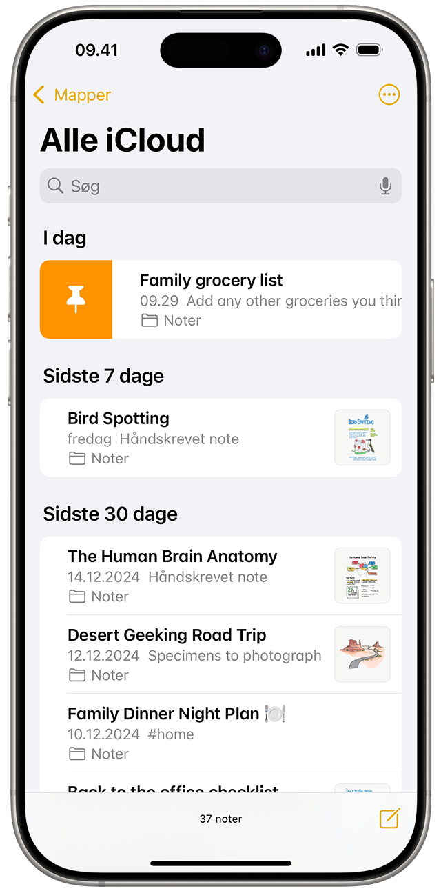 Hvis du vil fastgøre en note i iOS, skal du skubbe til højre over noten og derefter slippe.