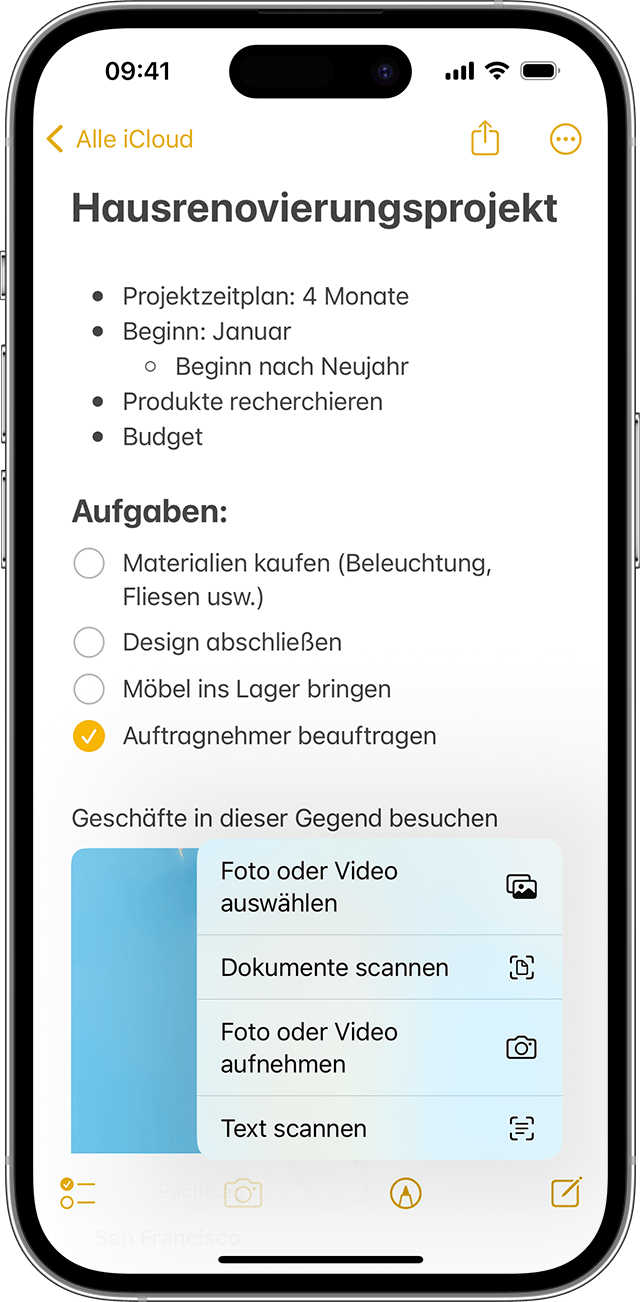 iPhone, das zeigt, wie ein Foto oder Video in der Notizen-App hinzugefügt wird.