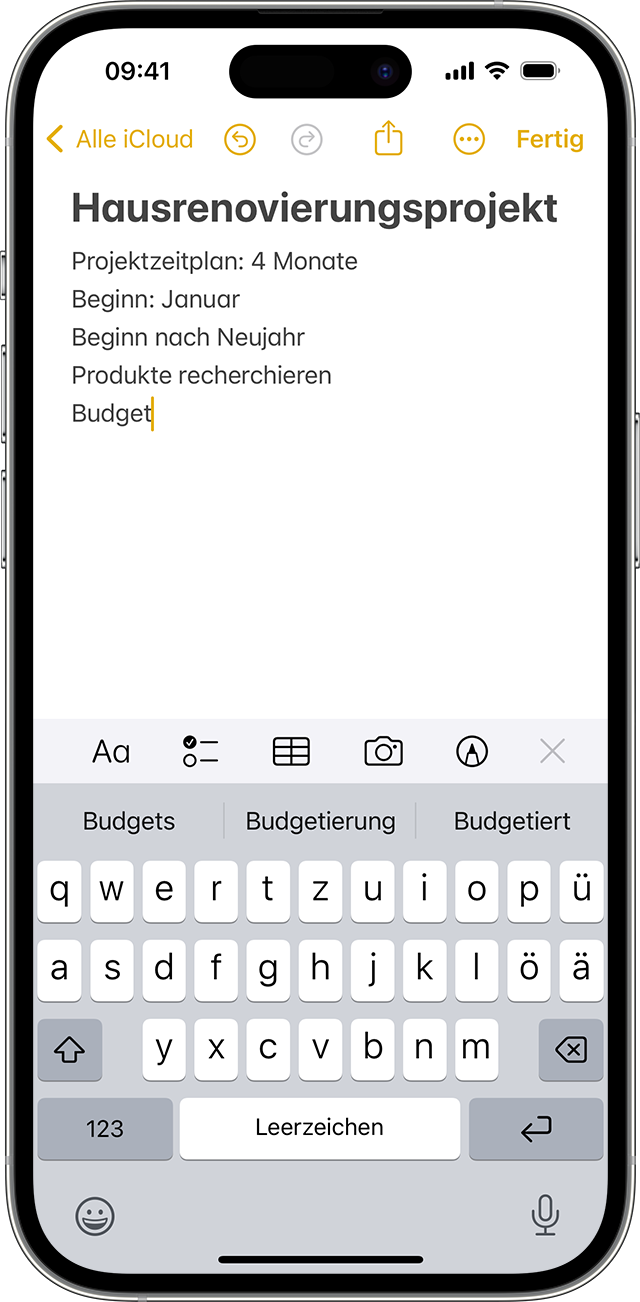 iPhone, das zeigt, wie eine Notiz in der Notizen-App erstellt wird.