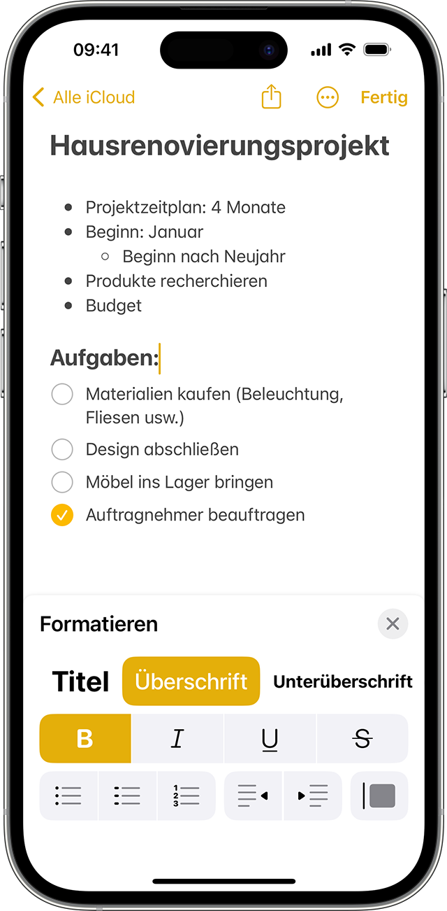 Die Formatoptionen in der Notizen-App auf dem iPhone