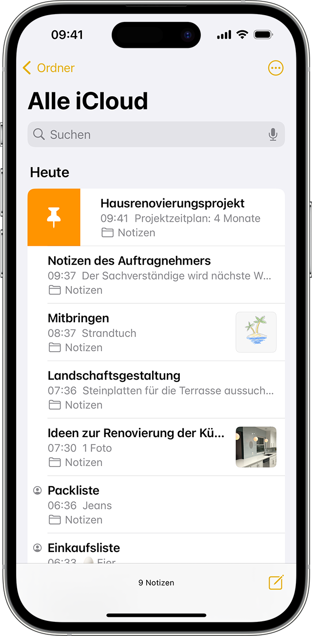 iPhone, das zeigt, wie eine Notiz in der Notizen-App angeheftet wird.