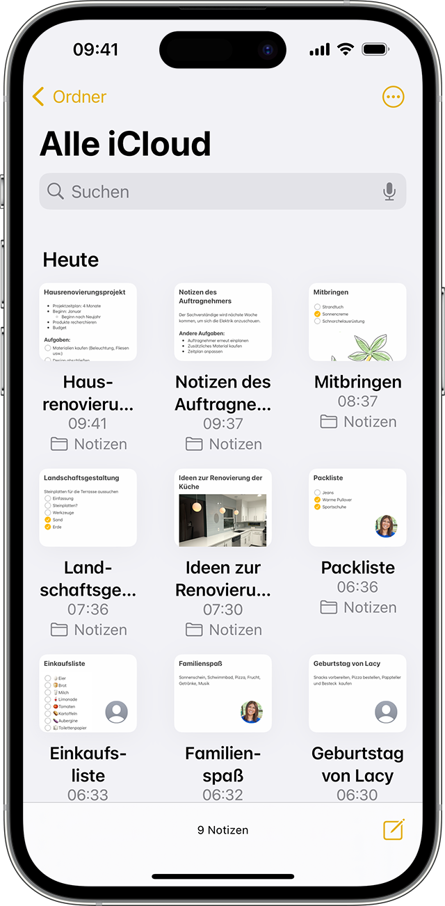 iPhone, das zeigt, wie Notizen in der Galeriedarstellung aussehen.