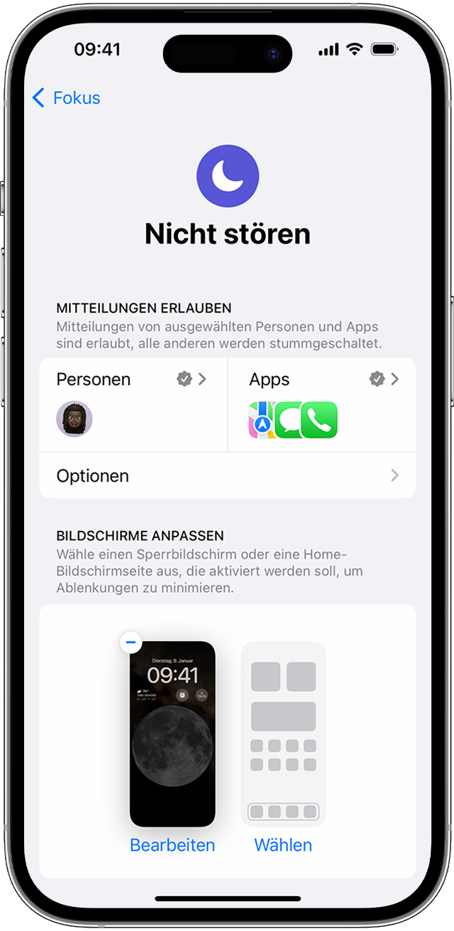 In den Einstellungen für „Nicht stören“ kannst du Personen oder Apps auswählen, von denen du Mitteilungen erhalten möchtest, wenn die Einstellung „Fokus“ aktiviert ist.