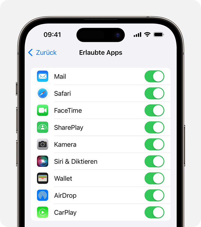 iPhone-Bildschirm, auf dem „Erlaubte Apps“ angezeigt wird