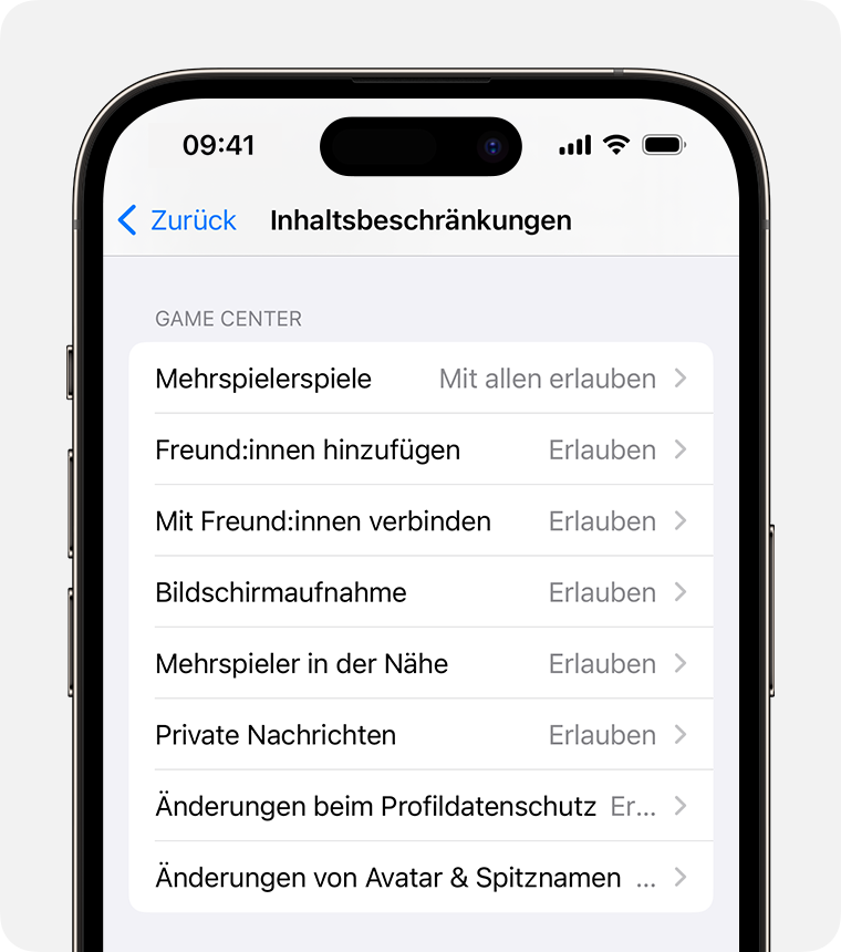 iPhone-Bildschirm mit Optionen für „Inhaltsbeschränkungen“ für die Kindersicherung