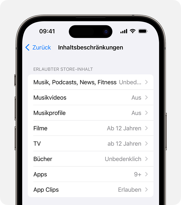 iPhone-Bildschirm, auf dem Optionen für „Inhaltsbeschränkungen“ angezeigt werden