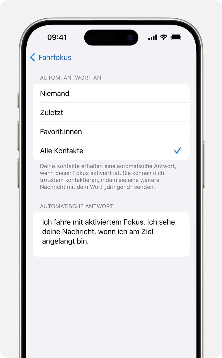 Automatische Antwort für Fahrfokuseinstellungen unter „Einstellungen“ > „Fokus“ > „Automatische Antwort“.